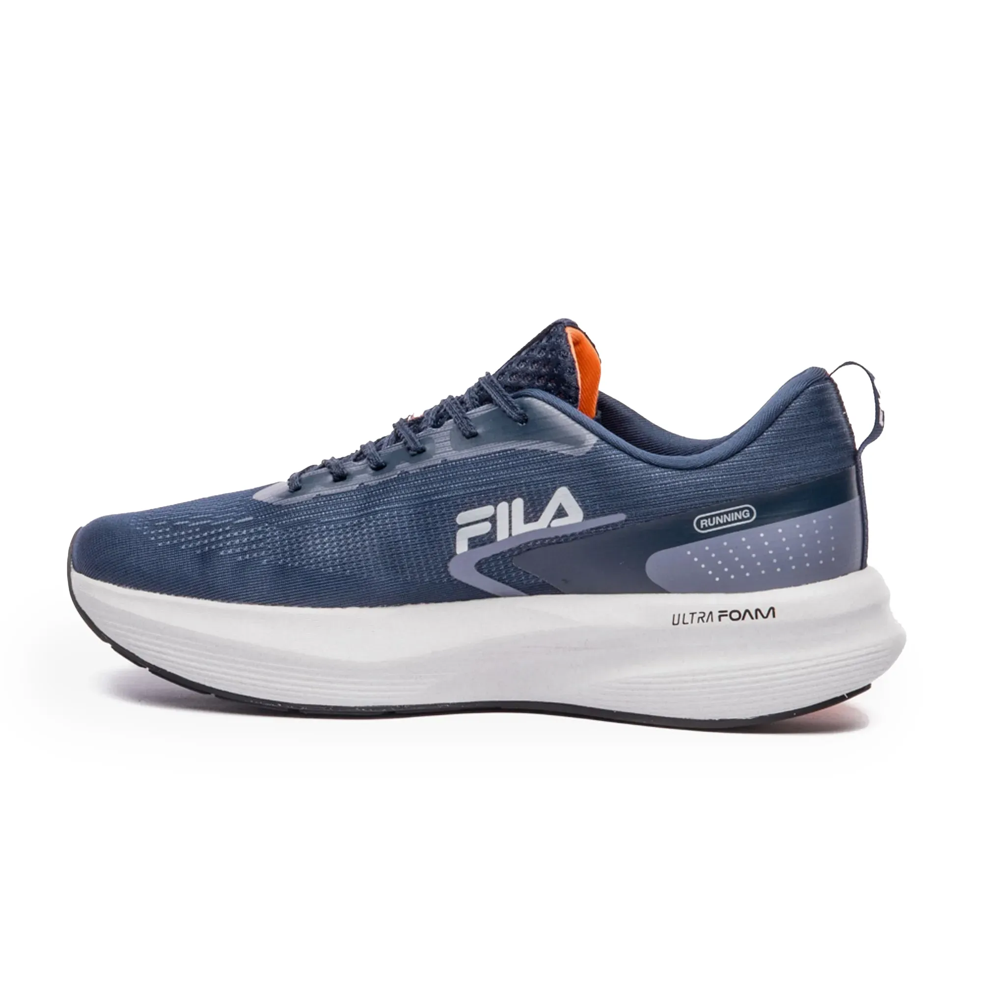 Tênis de corrida masculino FILA Racer Fastpace azul marinho visto de frente com solado branco e detalhes laranja